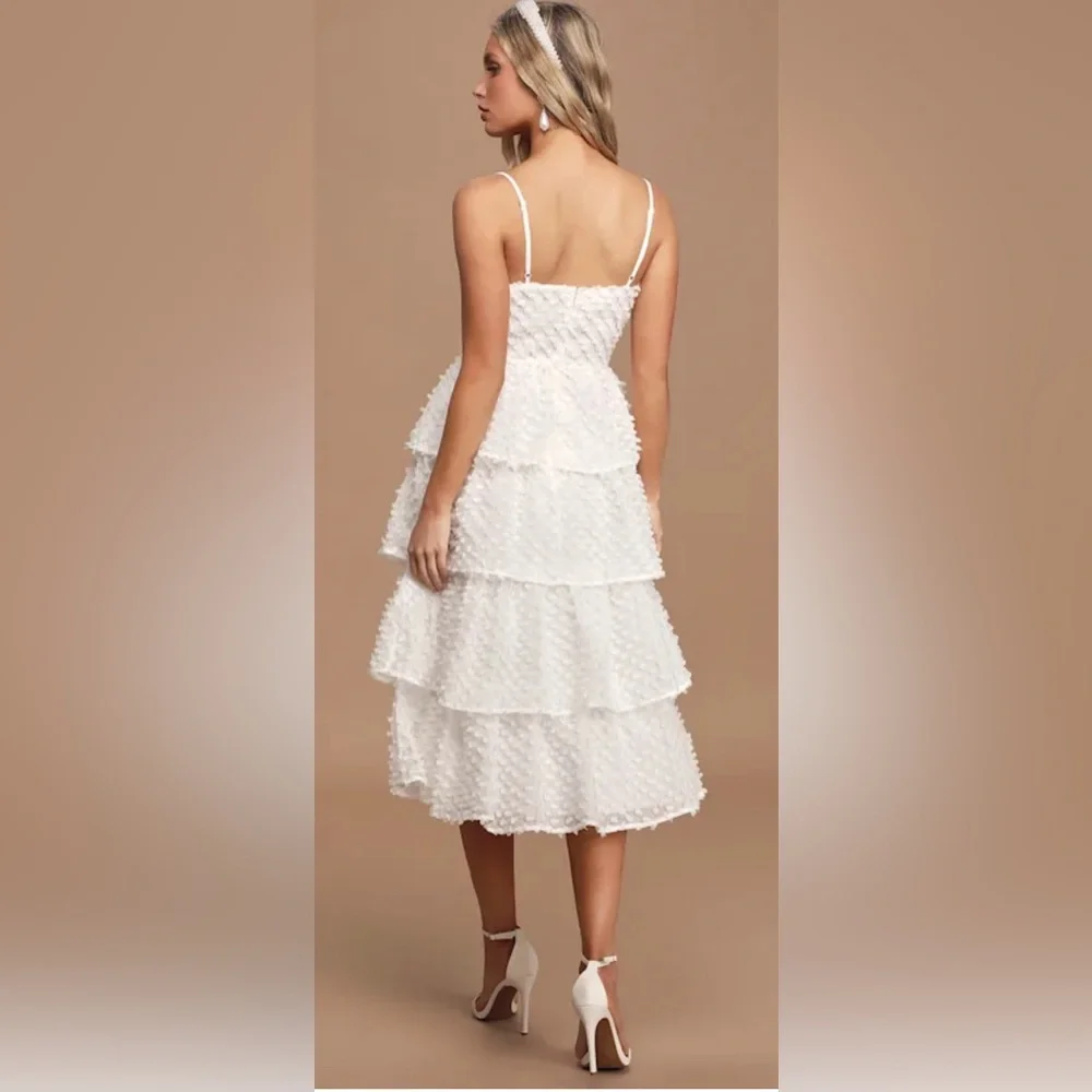 Lulus Flirting with You White Tiered Pom Pom Midi Dress Size M EUC - Picture 3 of 4